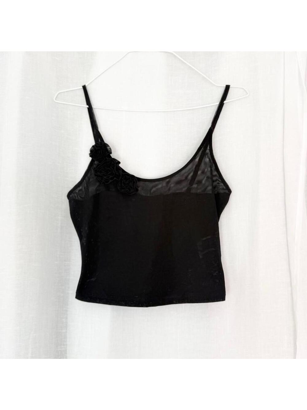 ✿ ⋆｡˚ black sheer rosette cami ♡ ✿